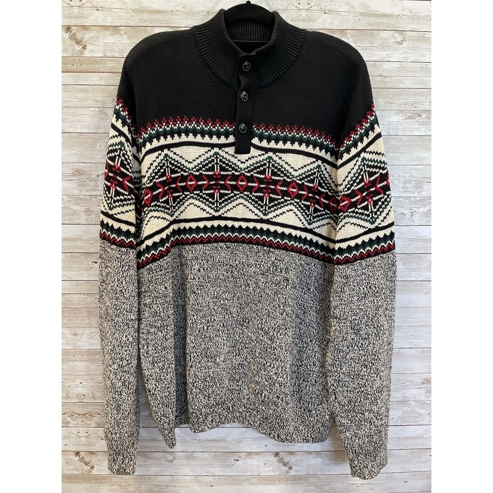 Chaps Ralph Lauren Mens XXL Sweater Fair Isle Nordic Gray Mock Neck 3 Button - Picture 2 of 14